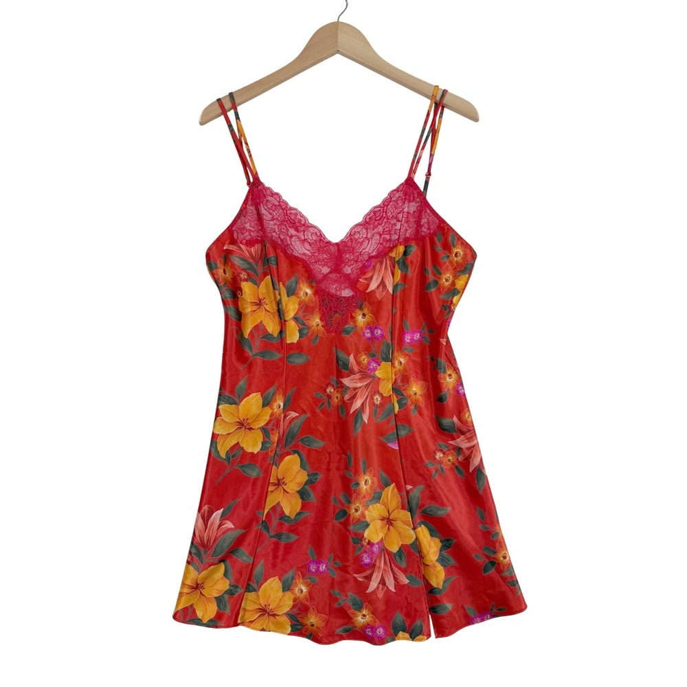 Victoria's Secret Y2K Slip Nightgown Large Orange Floral Lace Satin Chemise